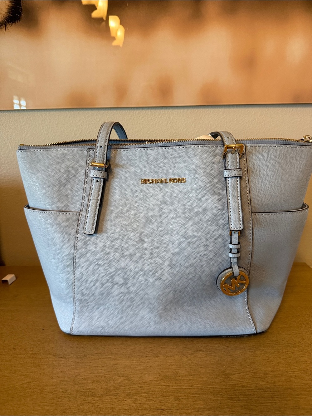 No Flaws -Michael Kors Charlotte Large Top Zip Tote -Vista Blue Saffiano Leather